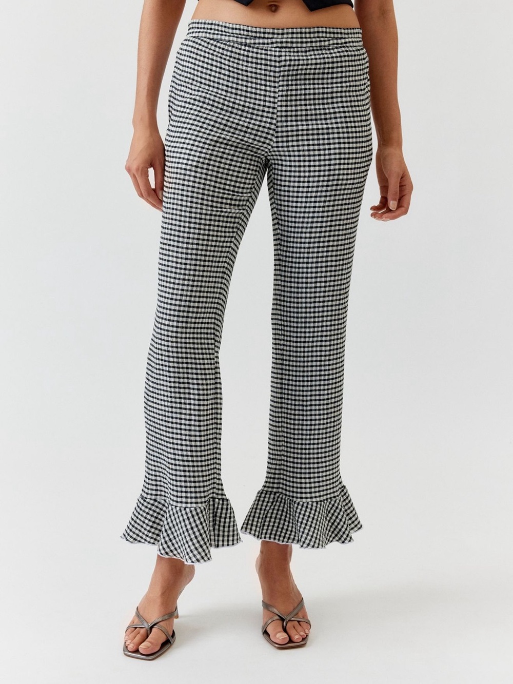 Urban Outfitters Black & White Gingham Ruffle Hem Boot Flare Pants
